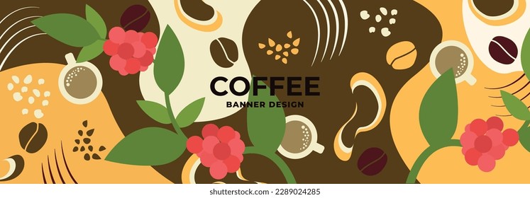 Coffee banner design. Vector drawing, coffee grains and coffee tree. Banner mockup, print for fabric, card, poster. Design elements.