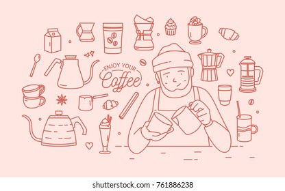 Coffee banner with friendly barista. Line art vector illustration.