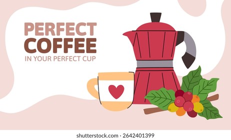 Coffee banner with geyser coffee maker, cup and coffee branches with berries and leaves. Advertising coffee poster, landing page, invitation, packaging design. 