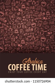 Coffee banner with the hand-draw doodle elements on the background. Coffee template for ads