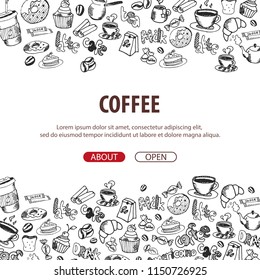 Coffee banner with the hand-draw doodle elements on the background. Coffee template for ads