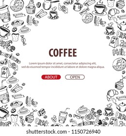 Coffee banner with the hand-draw doodle elements on the background. Coffee template for ads