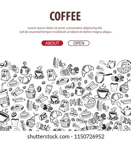 Coffee banner with the hand-draw doodle elements on the background. Coffee template for ads