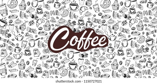 Coffee banner with the hand-draw doodle elements on the background. Coffee template for ads