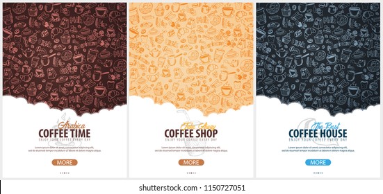 Coffee banner with the hand-draw doodle elements on the background. Coffee template for ads