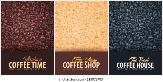 Coffee banner with the hand-draw doodle elements on the background. Coffee template for ads