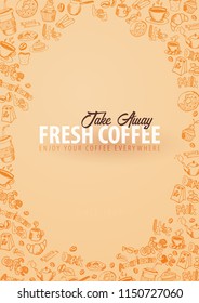Coffee banner with the hand-draw doodle elements on the background. Coffee template for ads