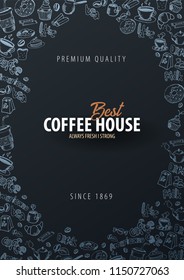 Coffee banner with the hand-draw doodle elements on the background. Coffee template for ads