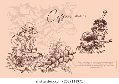 coffee banner horissontal, packaging, label, sticker, poster, promotion, advertising. coffee background, pattern, graphic, illustration, vector.