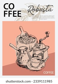 coffee banner horissontal, packaging, label, sticker, poster, promotion, advertising. coffee background, pattern, graphic, illustration, vector.