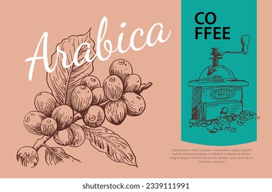 coffee banner horissontal, packaging, label, sticker, poster, promotion, advertising. coffee background, pattern, graphic, illustration, vector.