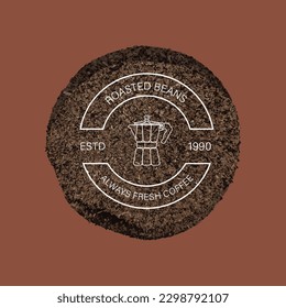 Coffee banner label design template. Minimal logo coffee brand. Vintage label retro style. Pile of ground coffee texture background.