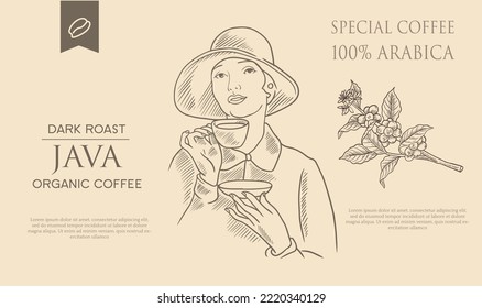 coffee banner promotion of drawing vector with vintage concept. coffee label packaging for product. vintage coffee shop poster