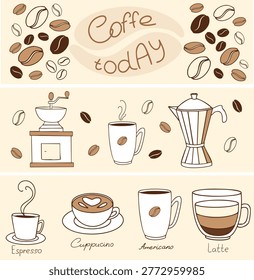 Coffee banner set with beans, grinder, pot and different coffee drinks in a warm minimalist café illustration style