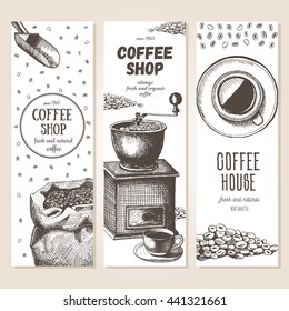 Coffee banner set. Organic shop. Vector illustration in sketch style. Hand drawn coffee horizontal banners.  Line drawing