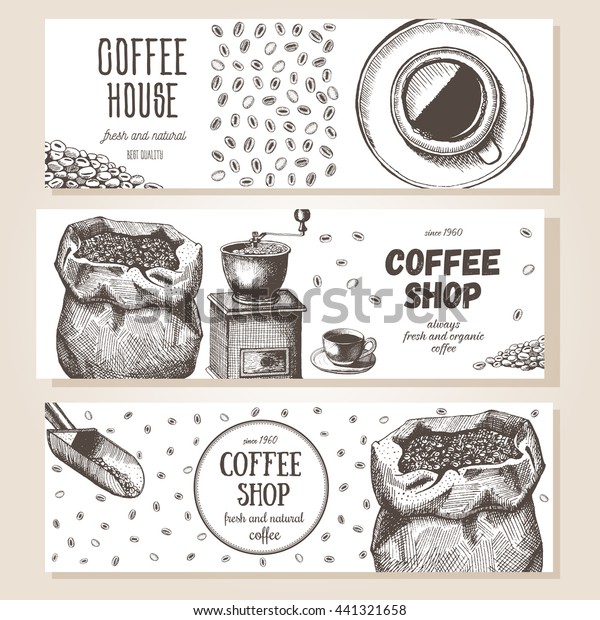 コーヒーバナーセット オーガニックショップ スケッチスタイルのベクターイラスト 手描きのコーヒーの横のバナー 線の描画 のベクター画像素材 ロイヤリティフリー