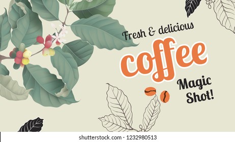 Coffee banner template design, branch of coffee tree and coffee bean on light brown