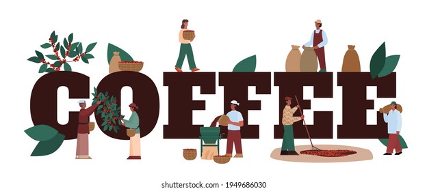 Coffee banner template with word and tiny people, flat vector illustration.