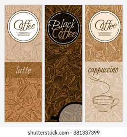 Coffee banner templates black coffee latte cappuccino hand drawn vector illustration 