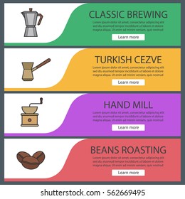 Coffee banner templates set. Hand mill, moka pot, coffee beans, turkish cezve. Website menu items. Color web banner. Vector headers design concepts