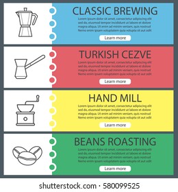 Coffee banner templates set. Hand mill, classic coffee maker, turkish cezve, beans. Website menu items with linear icons. Color web banner. Vector headers design concepts