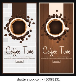 Coffee Banner. Coffee Time. Cup, grain, Vector flat illustration.