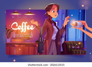 Coffee banner with woman in cafe