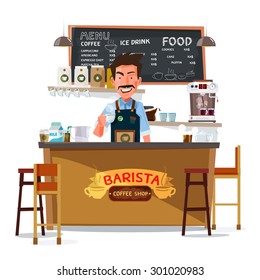 coffee bar and barista man. character design - vector illustration