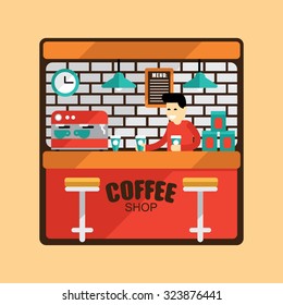 Coffee Bar And Barista Man. Vector Illustration