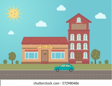Coffee bar building in town on summer background