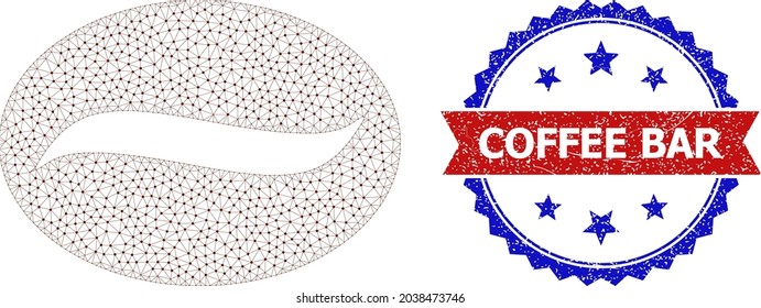 Coffee Bar corroded stamp, and coffee grain icon triangular model. Red and blue bicolored stamp seal has Coffee Bar caption inside ribbon and rosette. Abstract flat mesh coffee grain,