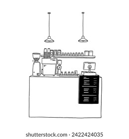 Coffee Bar equipment shop counter Small business cafe sketch Hand drawn line art Illustration