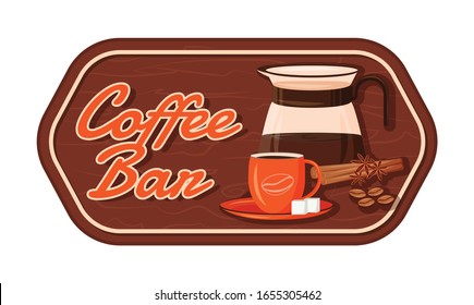 Coffee bar flat color vector label. Strong hot drinks packaging sticker. Spiced americano in mug. Traditional brew patch, signboard with typography. Pot with beverage isolated cartoon design element