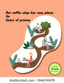 Coffee bar invitation flyer with cozy places for lovers of privacy in city garden landscape