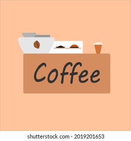 Die Kaffeebar und eine Kaffeemaschine auf hellem Hintergrund. Konzept des Kaffeehauses