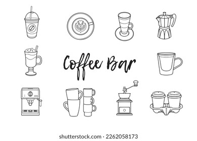 Coffee Bar Outline Icon Set containing icons of cups pyramid, cappuccino, latte, frappuccino, americano, coffee pot, coffee grinder, coffee machine