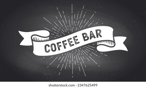 Coffee Bar, ribbon banner. Black white ribbon banner with text, phrase Coffee Bar. White isolated vintage graphic silhouette ribbon, text chalk coffee bar on black chalkboard. Vector Illustration