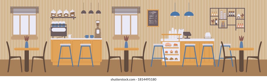 Coffee bar or shop interior with counters for serving coffee and sweet desserts, flat vector illustration. Inside view of restaurant or pastry shop furniting.