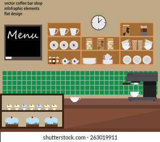 Coffee bar shop,Vector Infographic Elements. Front view. Interior. Minimalistic flat design