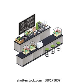 Coffee bar stand isometric composition with coffee brewer black board cups varieties box and sweet cakes vector illustration