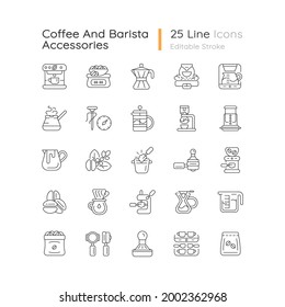 Coffee and barista accessories linear icons set. Drip machine. French press. Cafe appliance. Customizable thin line contour symbols. Isolated vector outline illustrations. Editable stroke