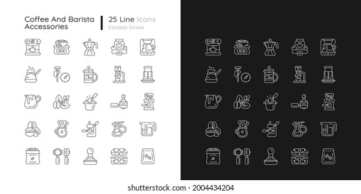 Coffee And Barista Accessories Linear Icons Set For Dark And Light Mode. Drip Machine. French Press. Customizable Thin Line Symbols. Isolated Vector Outline Illustrations. Editable Stroke