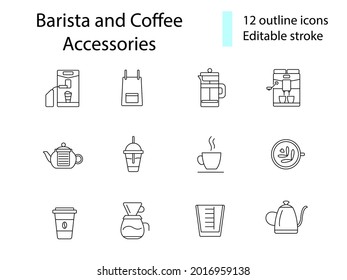 Coffee and barista appliance outline icons set. Professional machine. Coffee preparation. Customizable linear contour symbols collection. Editable stroke. Isolated vector stock illustration