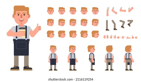 Coffee Barista, Barman Or Waiter Creation Kit. Create Your Own Pose, Action, Animation. Modern Vector Illustration