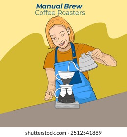 coffee barista or bartender girl wearing apron standing manual brew coffee mug. Coffee shop, coffee time and take away concept. people character illustration Cartoon minimal style.