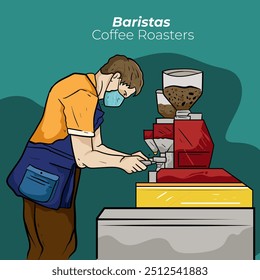 coffee barista or bartender man wearing apron standing whipped milk into the coffee mug. Coffee shop, coffee time and take away concept. people character illustration Cartoon minimal style.