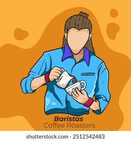 coffee barista or bartender man wearing apron standing whipped milk into the coffee mug. Coffee shop, coffee time and take away concept. people character illustration Cartoon minimal style.