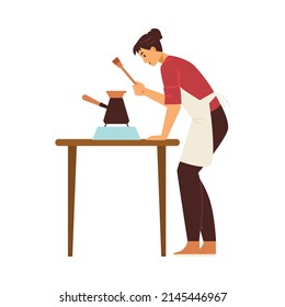 Coffee barista brewing drink in gezve, flat cartoon vector illustration isolated on white background. Professional coffee house or cafeteria female employee.