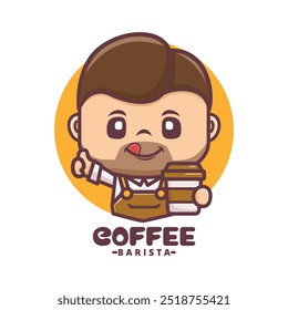 Café Barista desenho de mascote de desenho animado. Ilustração vetorial para logotipo da marca, adesivo, identidade do desenho animado, ícone, etc.