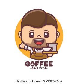 Café Barista desenho de mascote de desenho animado. Ilustração vetorial para logotipo da marca, adesivo, identidade do desenho animado, ícone, etc.